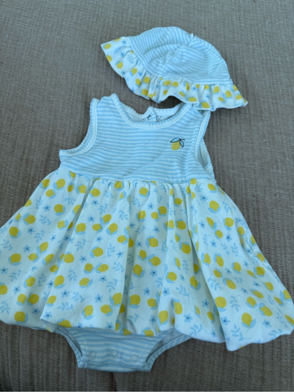 Little Me Yellow & Blue Lemon Dress with Matching Sun Hat